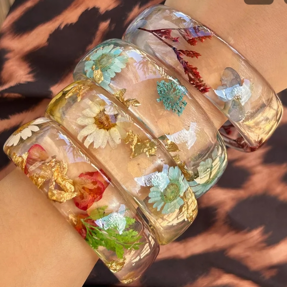Botanical Resin Bangle Bracelet Blue Yellow White